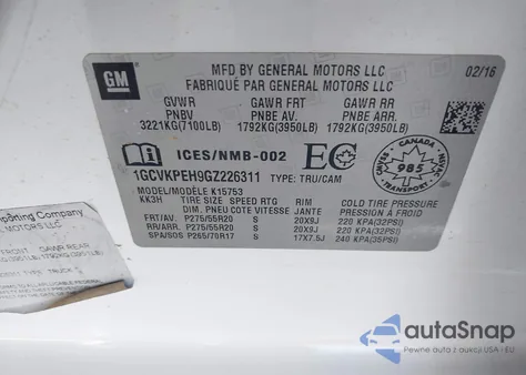 2016 Chevrolet Silverado 1500 Custom from USA, damaged, VIN 1GCVKPEH9GZ226311